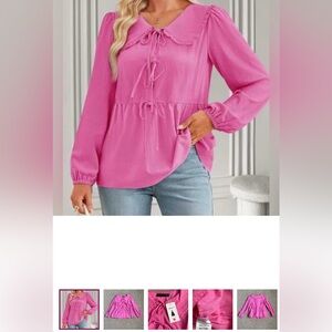 Zesica Women's Bright Pink Long-Sleeve Tie-Front Peplum Blouse
